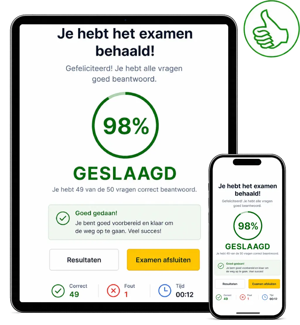 Het resultaatscherm met de melding dat je het examen hebt behaald, op tablet en telefoon